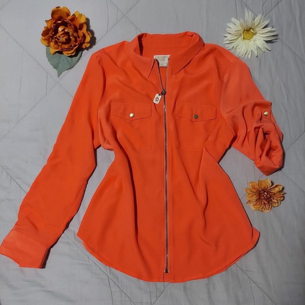 Michael Kors zip front coral colored long sleeve shirt